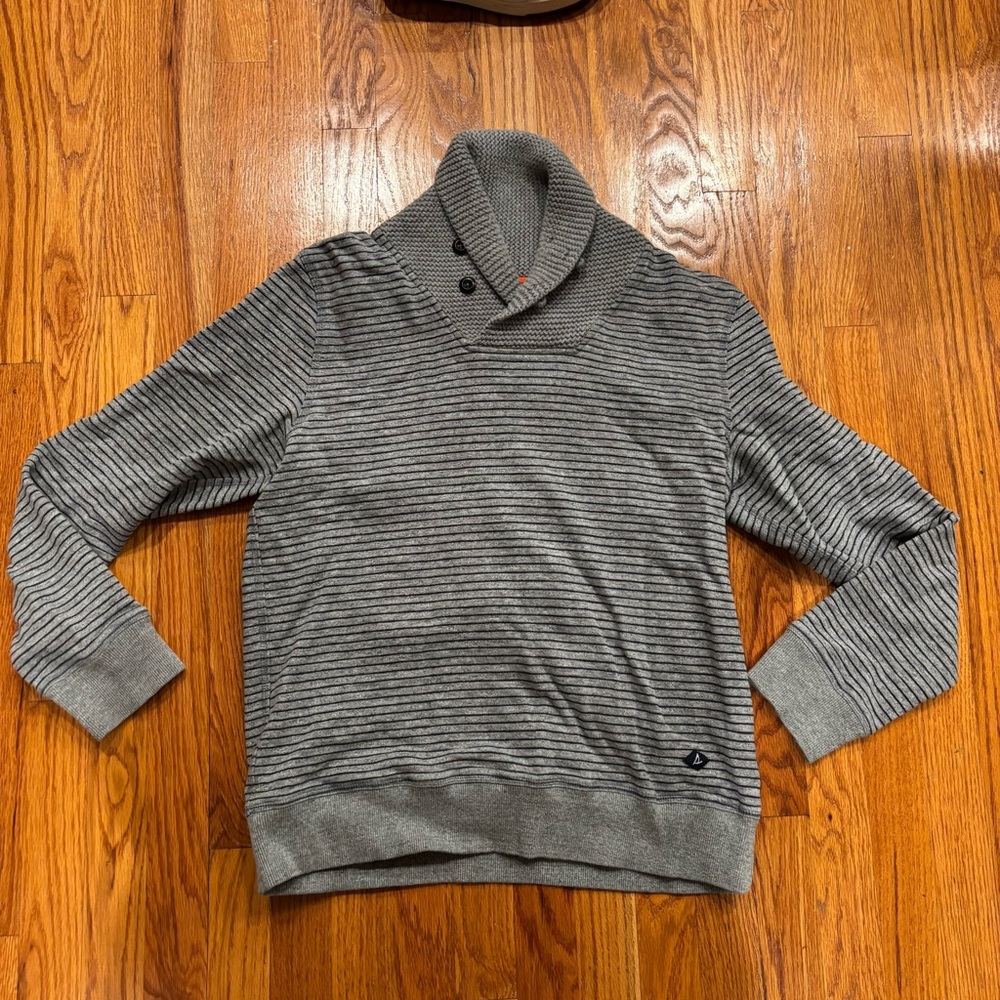 Sperry gray and blue striped shawl collared sweater